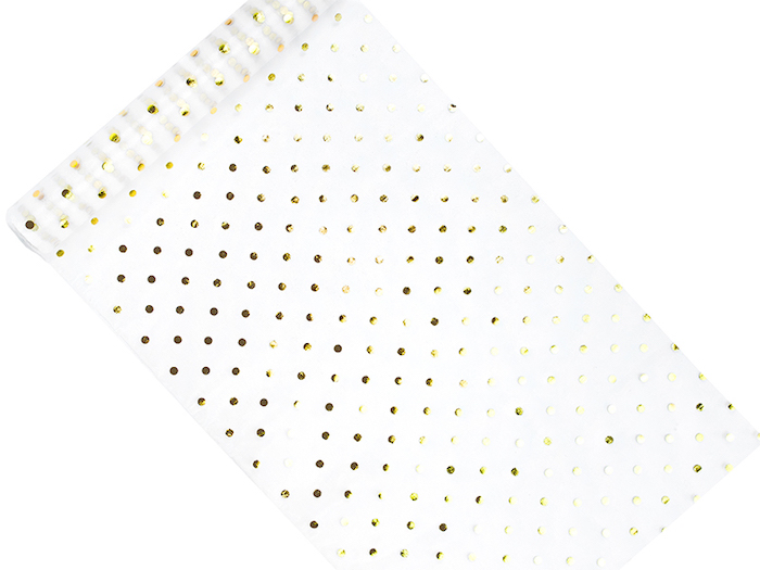 Elegant Hvid Organza Bordløber med Guldprikker – 9m Tilbud!