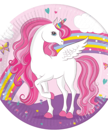 Pink Enhjørning Paptallerkner 8x - 23 Cm -
